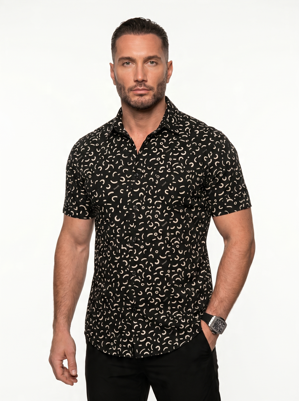 Black short-sleeved shirt with pattern