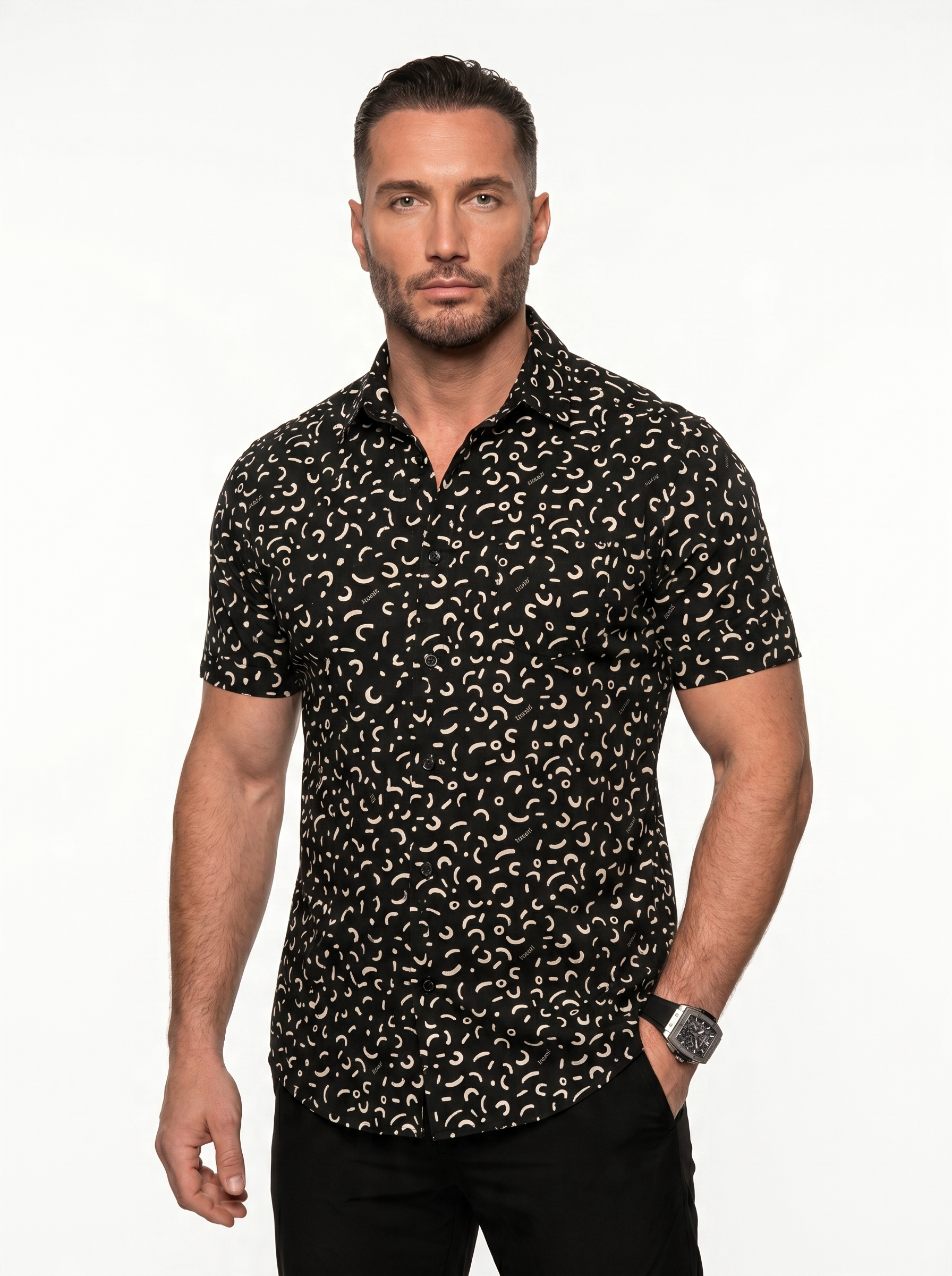 Black short-sleeved shirt with pattern