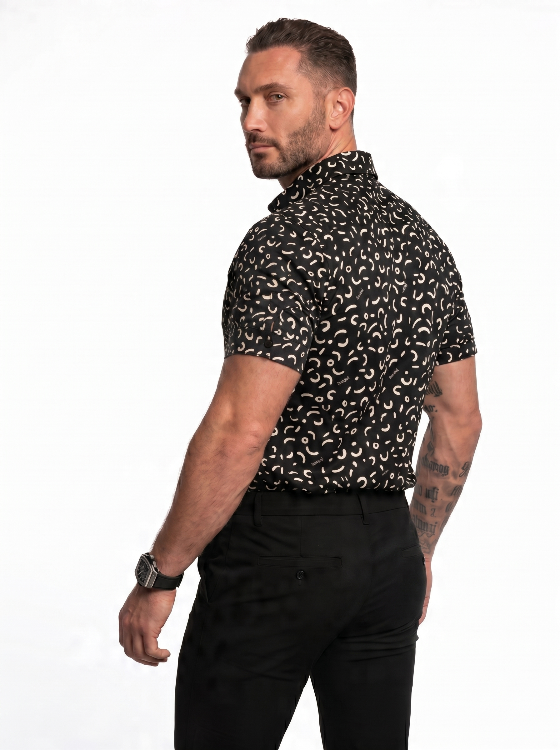 Black short-sleeved shirt with pattern